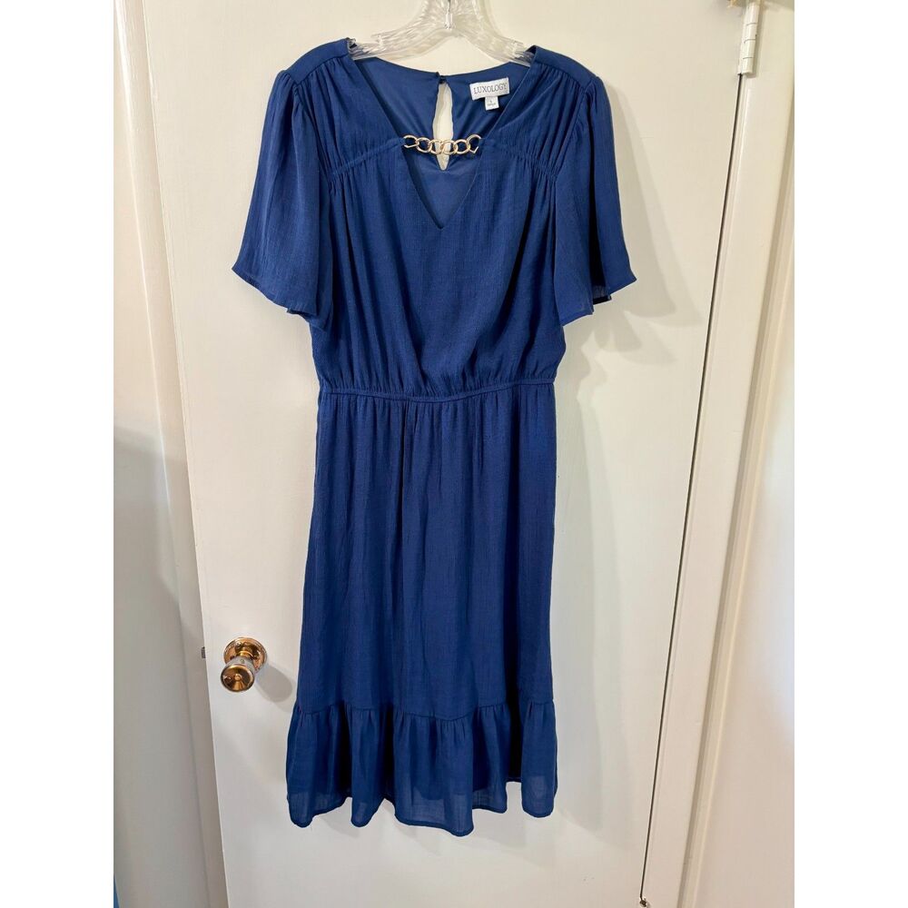 Luxology Womens L Summer Navy Flutter Short Sleeve Elastic Waist Ruffle Hem Midi
